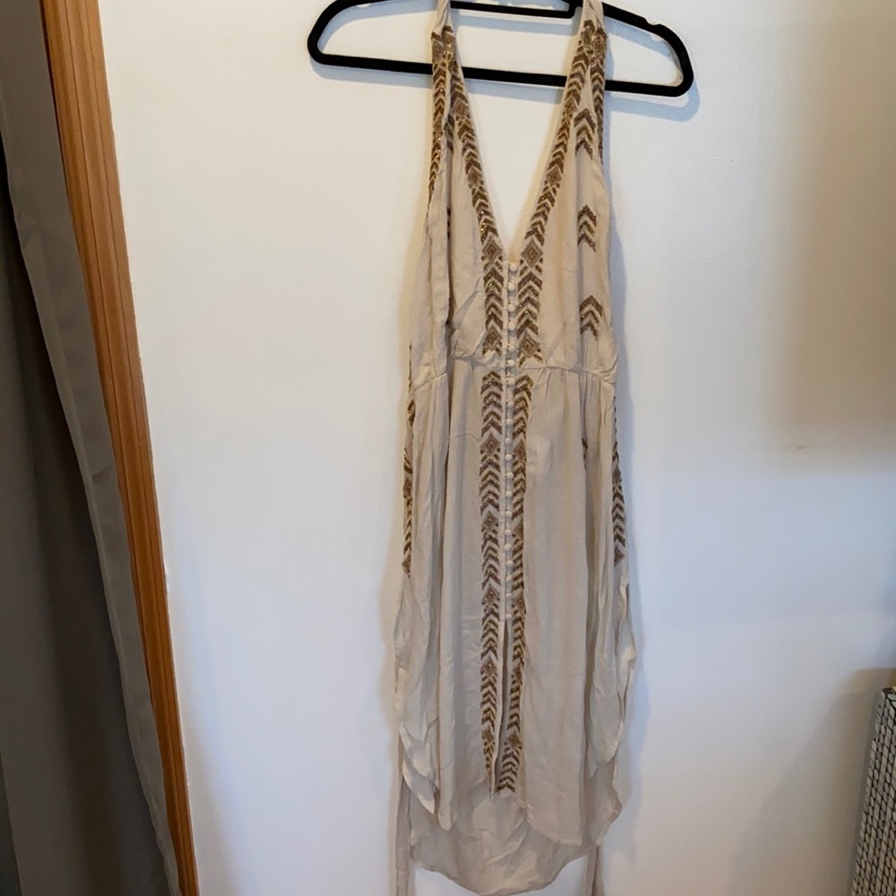 Long Tan Dress With Sequence Accents - Size M